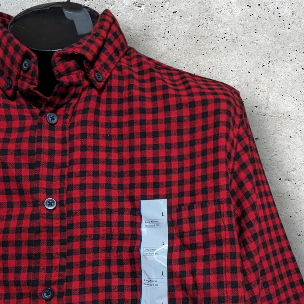 GOODFELLOW Red Black Buffalo Check Plaid Button Up Shirt Men's Large Holiday NEW - Picture 4 of 7